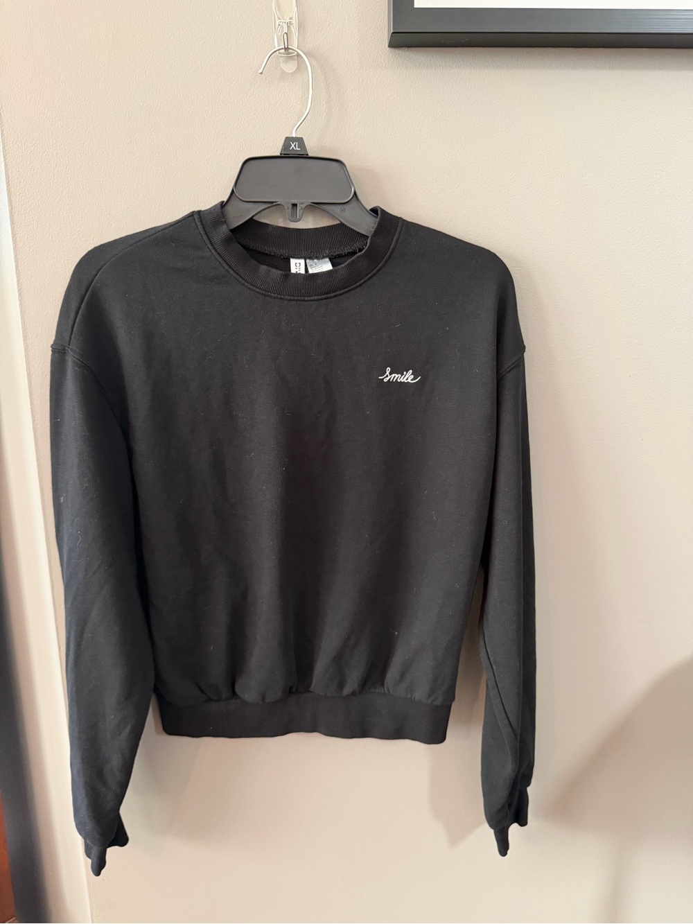 H&M Black Crewneck Sweatshirt with 'Smile' Embroidery. Small